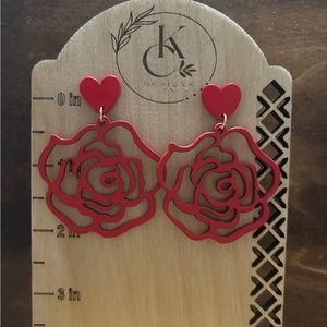 NEW Wood Red Rose Earrings